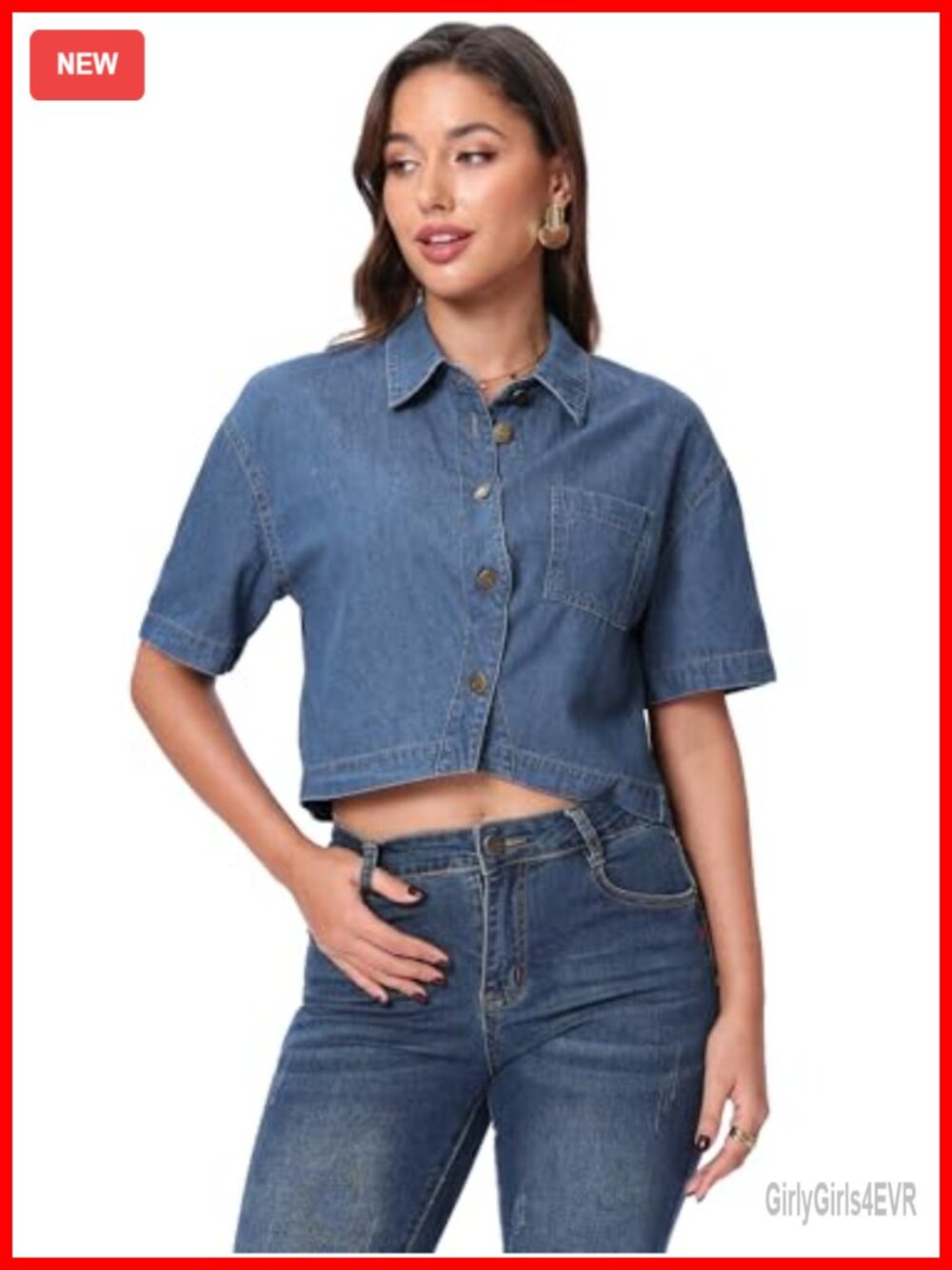 Cropped Denim Shirt Short Sleeve Button Down Collared Crop Top